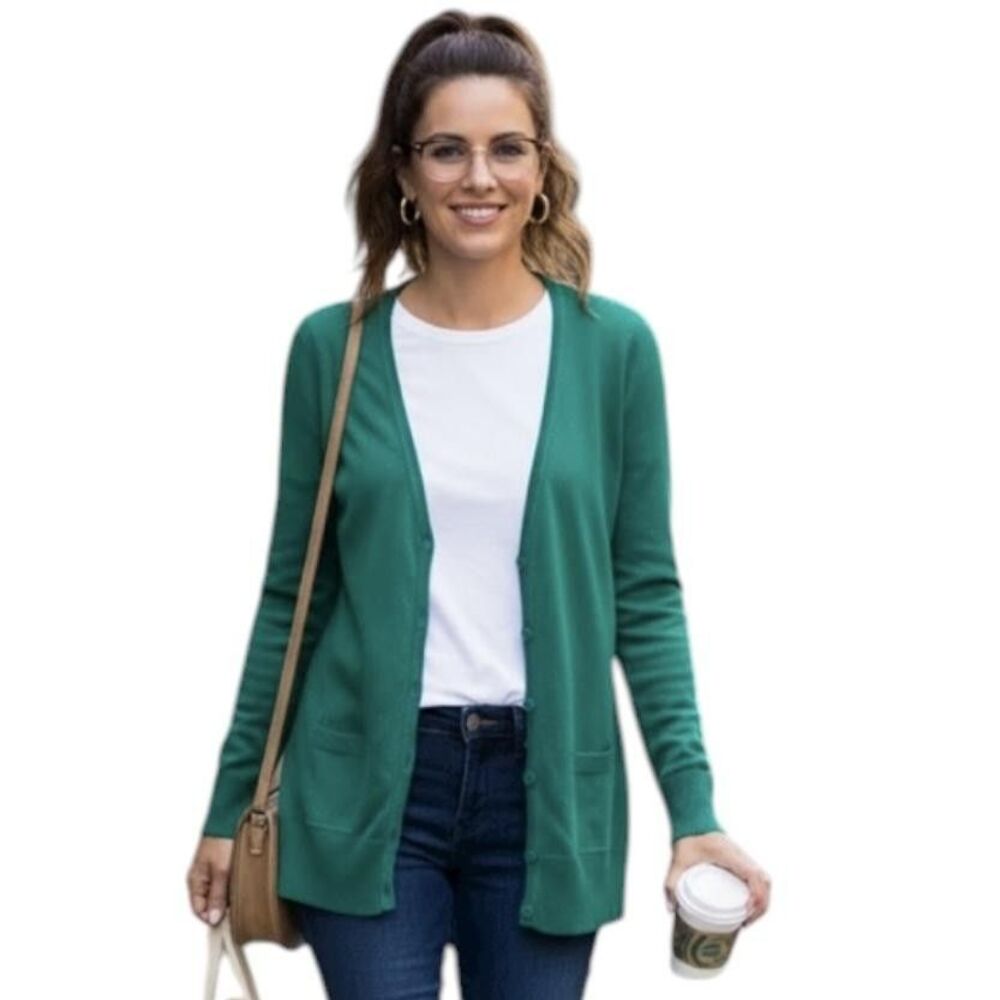 SO Cardigan Sweater Womens Large Green V Neck Button Front Pockets Lightweight